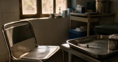 Alt Text: empty chair beside vaccination tray in government health centre showing emotional moment of father during child vaccination