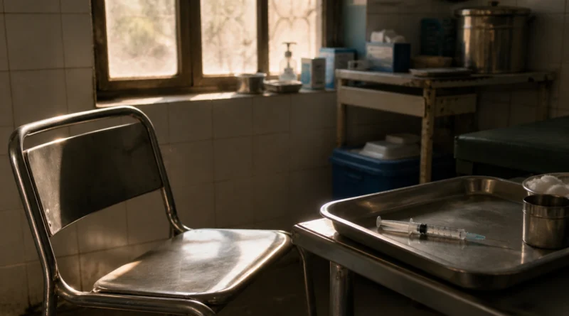 Alt Text: empty chair beside vaccination tray in government health centre showing emotional moment of father during child vaccination