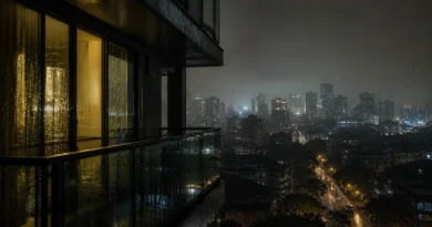 Mumbai high rise balcony night rain horror mood
