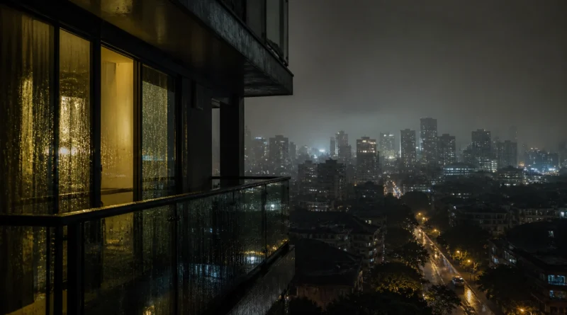 Mumbai high rise balcony night rain horror mood