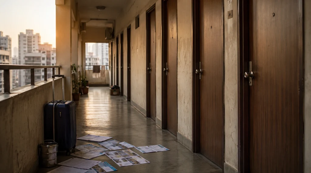 Indian apartment corridor with multiple rental doors and flat hunting atmosphere