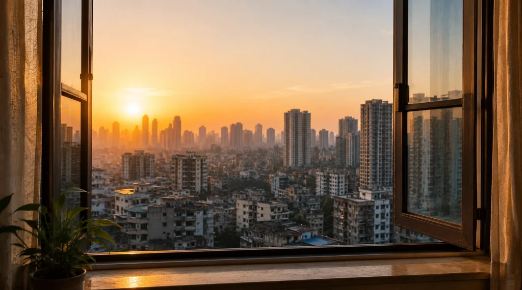 Open apartment window overlooking dense Indian metro skyline at sunrise