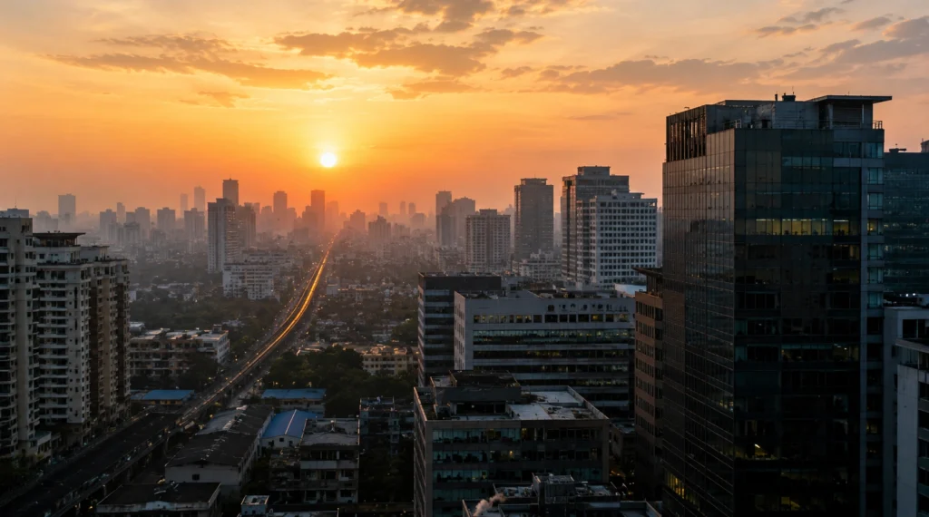 Early morning Indian city skyline symbolising changing work culture and uncertain future of jobs