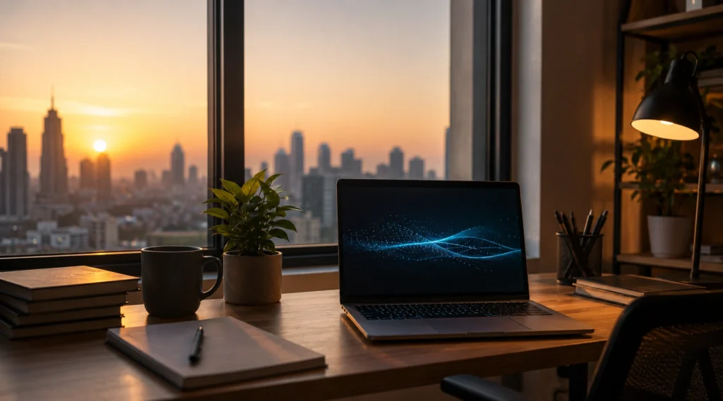 Minimal modern workspace overlooking city skyline at sunrise