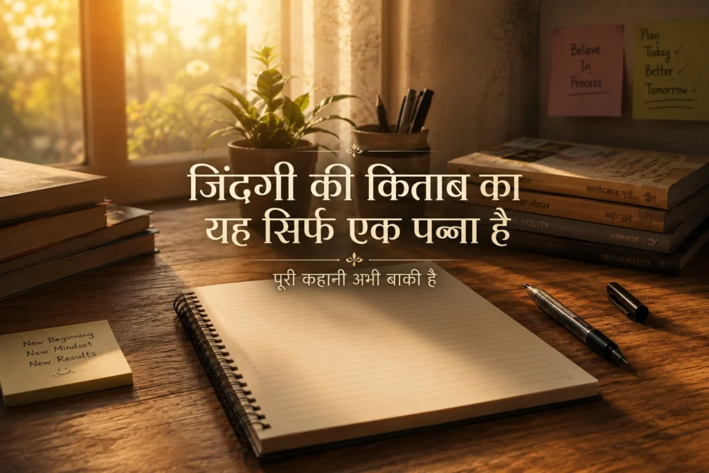 Warm morning sunlight falling on blank notebook and pen symbolizing a fresh beginning after exam results
