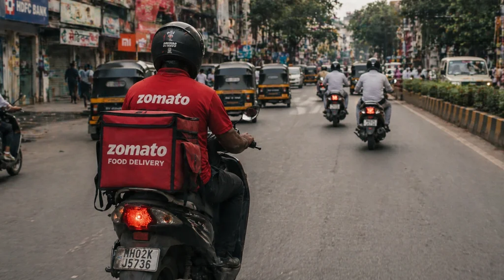 Delivery worker riding through busy street
