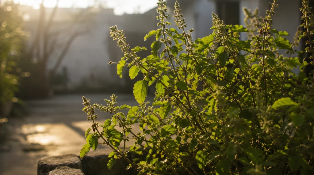 Fresh green tulsi leaves during cold winter morning in India