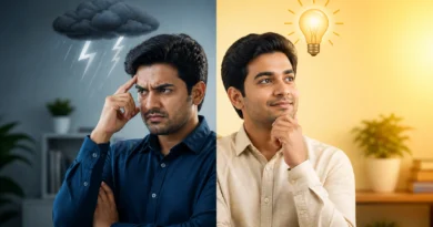 Person thinking with two contrasting perspectives of suspicion and clarity