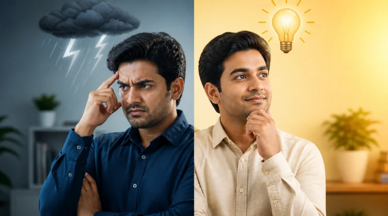 Person thinking with two contrasting perspectives of suspicion and clarity
