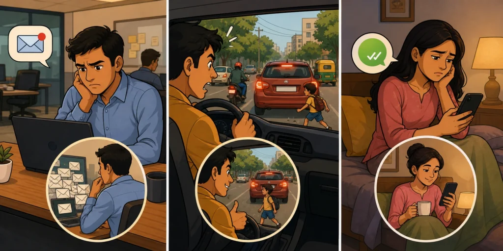 Office email stress, road braking situation, and WhatsApp seen message without reply