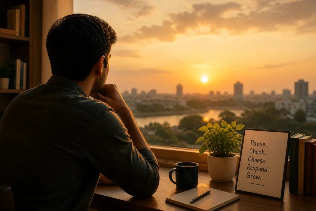 Person sitting by window at sunset reflecting calmly with notebook and tea