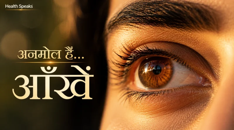 Close-up of a healthy human eye in warm golden light symbolizing vision and eye health awareness.