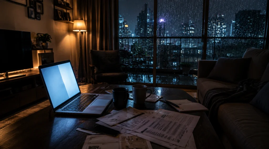 Laptop and documents inside dark apartment during rainy night