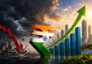 Indian rupee symbol with rising growth graph and falling market crash visual against futuristic city skyline