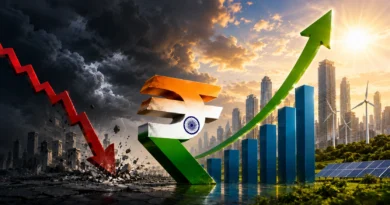 Indian rupee symbol with rising growth graph and falling market crash visual against futuristic city skyline