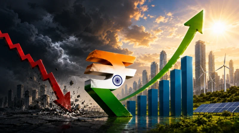 Indian rupee symbol with rising growth graph and falling market crash visual against futuristic city skyline
