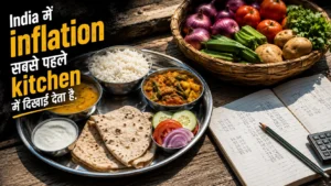 Traditional Indian thali with vegetables and grocery calculations representing kitchen inflation in India