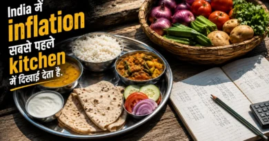 Traditional Indian thali with vegetables and grocery calculations representing kitchen inflation in India