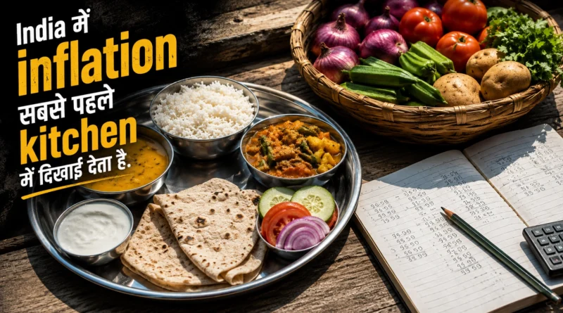 Traditional Indian thali with vegetables and grocery calculations representing kitchen inflation in India
