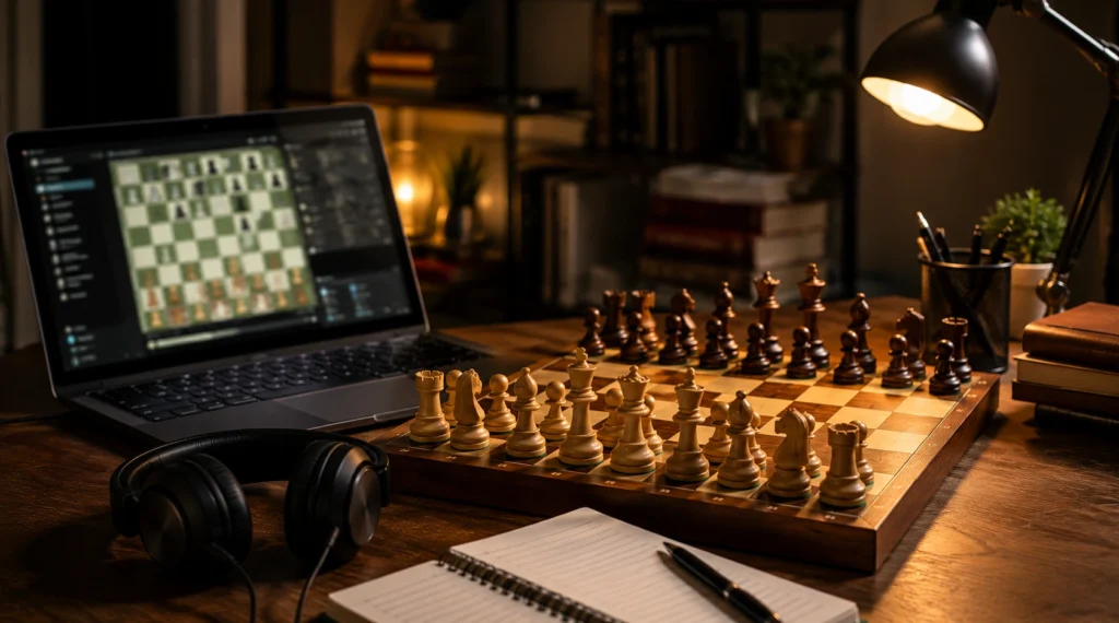 Online chess coaching setup with laptop, headphones and chessboard in warm lighting