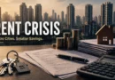 Metro city rent crisis concept with apartment documents, calculator and skyline in India