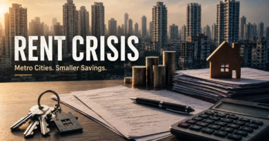 Metro city rent crisis concept with apartment documents, calculator and skyline in India