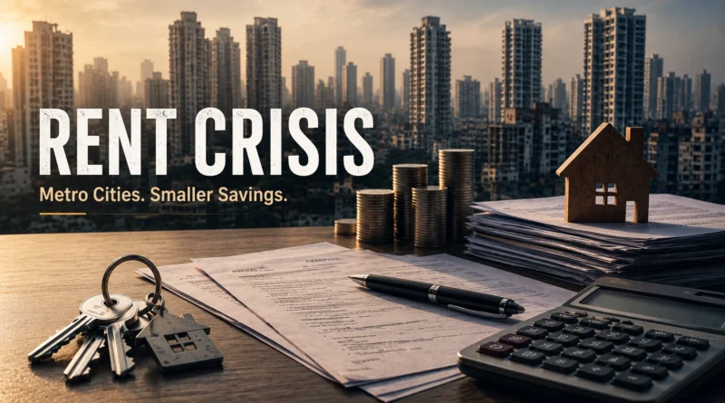 Metro city rent crisis concept with apartment documents, calculator and skyline in India