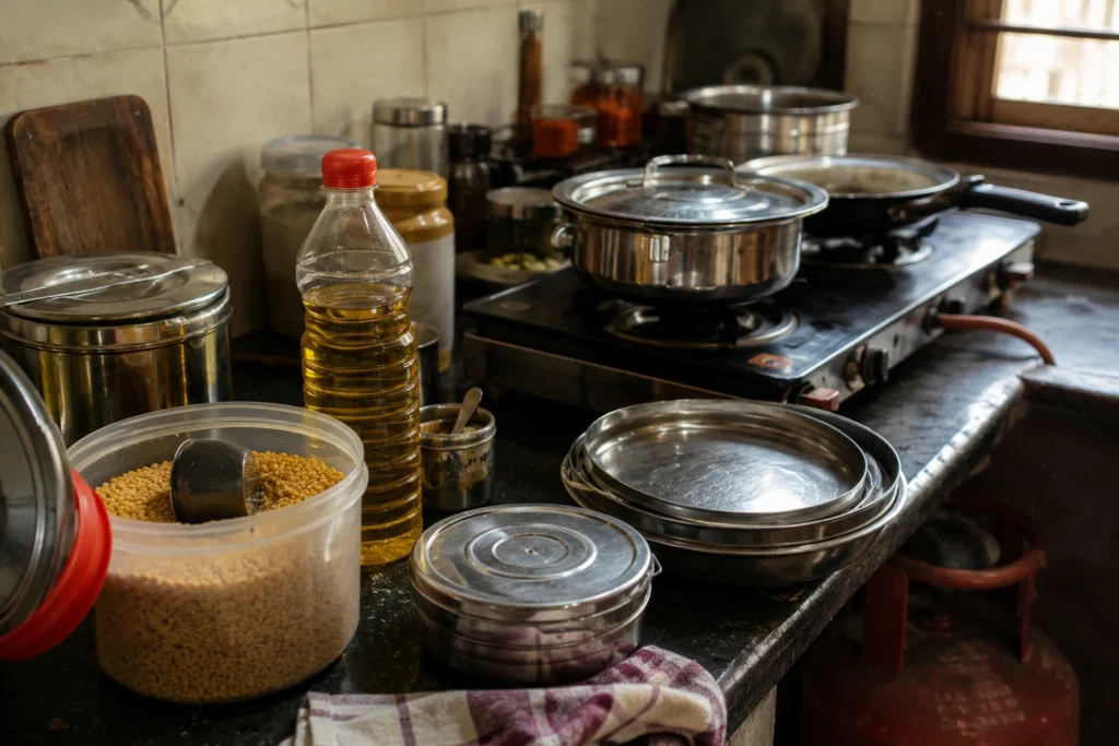 Indian kitchen counter with dal container cooking oil and LPG stove
