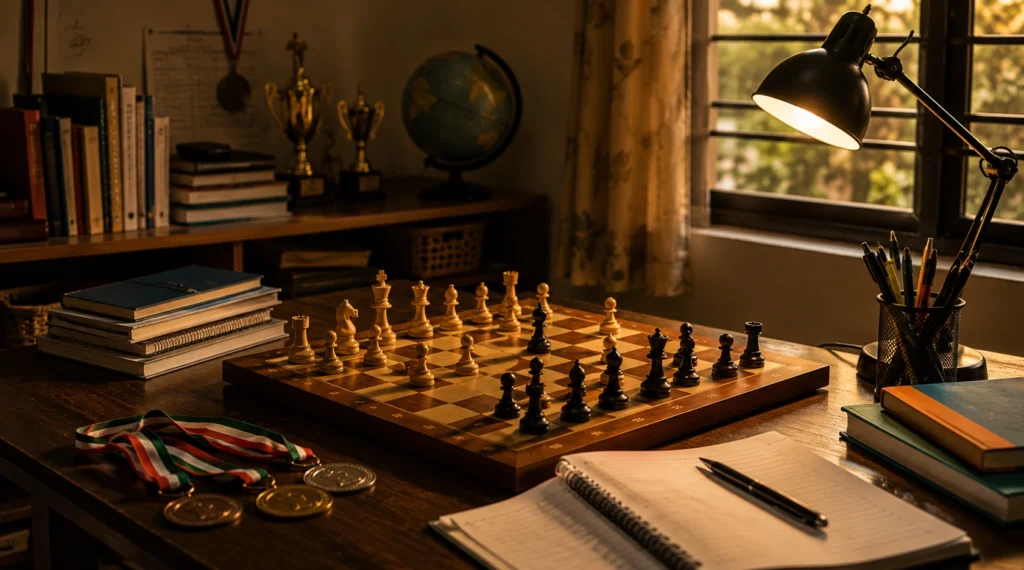 Indian student-style chess study table with medals, notebooks and warm evening lamp mood