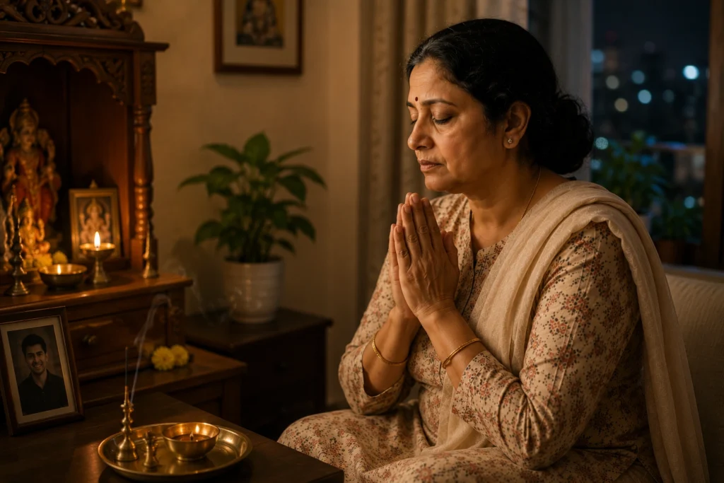 Indian mother quietly praying for her child during emotional worry at home temple