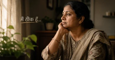 Indian mother silently hiding emotional pain while looking outside window