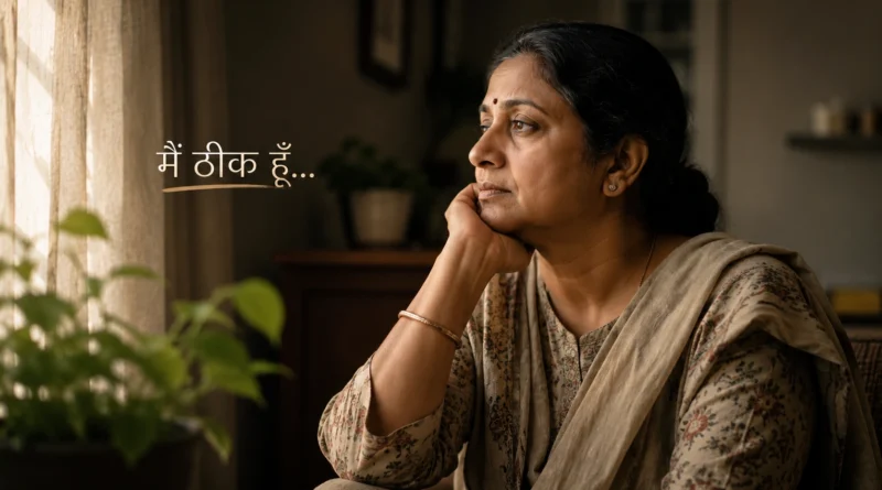 Indian mother silently hiding emotional pain while looking outside window