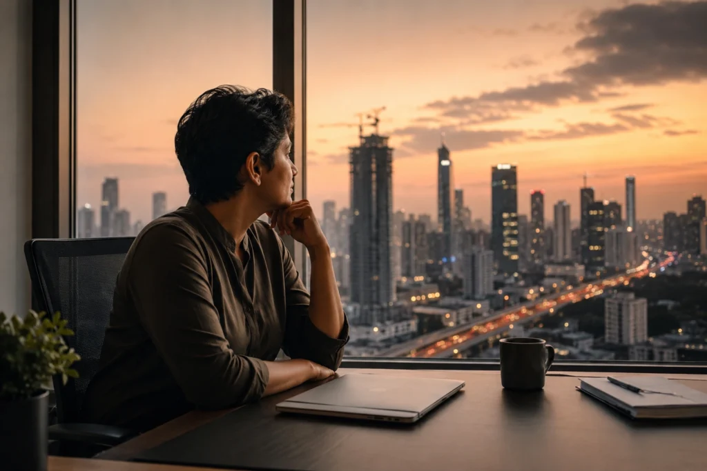 Indian professional sitting thoughtfully at office desk looking at city skyline during dusk