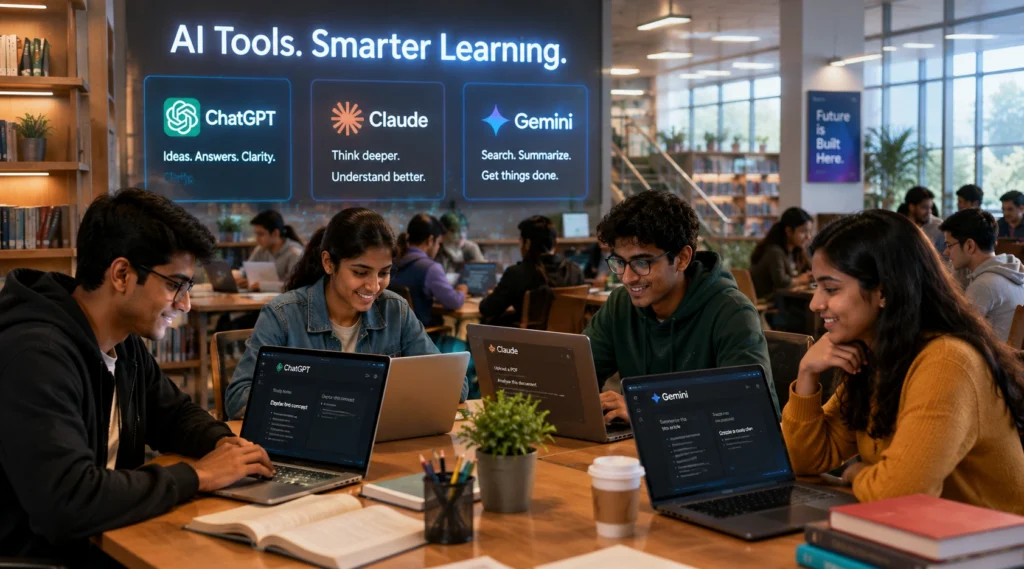 Indian college students using ChatGPT Claude and Gemini tools in modern campus library