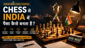 Wooden chessboard setup with tournament clock, study desk atmosphere and championship lighting representing India’s growing chess economy