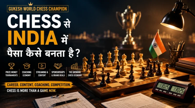 Wooden chessboard setup with tournament clock, study desk atmosphere and championship lighting representing India’s growing chess economy