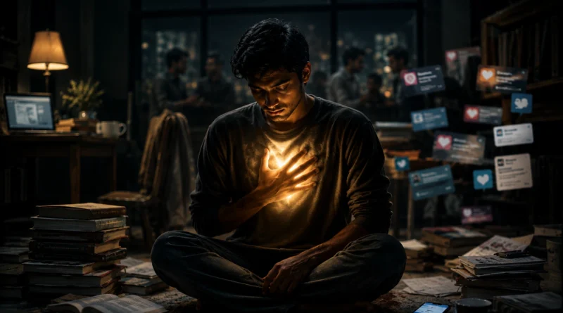 युवा व्यक्ति अपने अंदर की रोशनी और self-awareness को महसूस करता हुआ