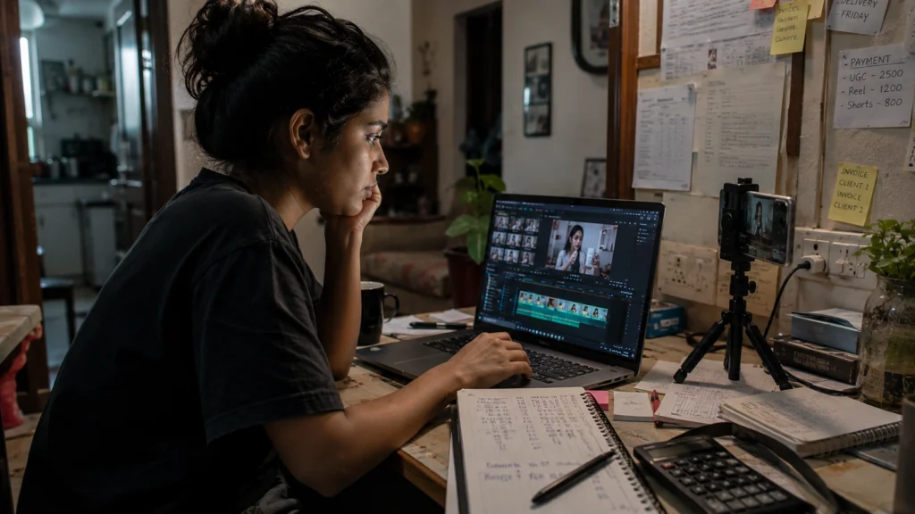 Young Indian creator managing editing work, invoices, and content tasks from home