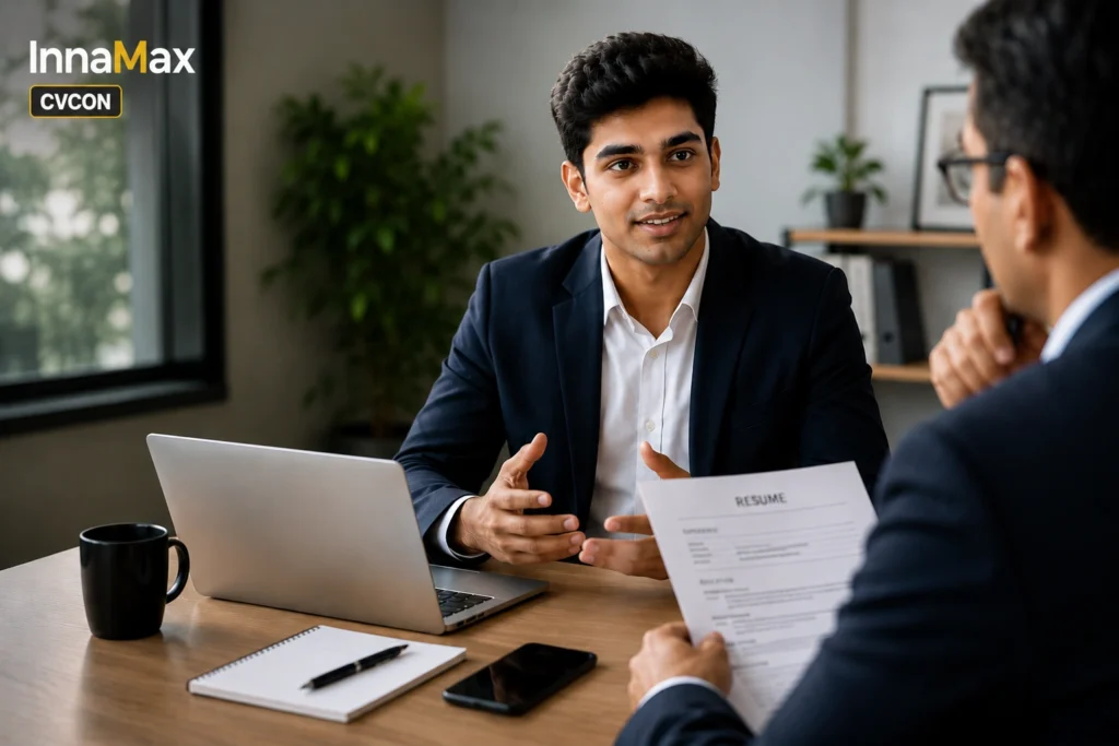 Young graduate facing interview questions in corporate office