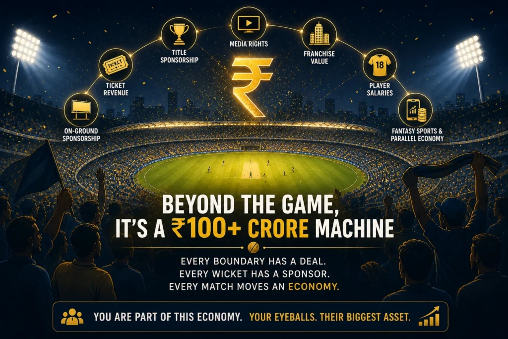 IPL match economy ₹100 crore business visual with stadium and fans
