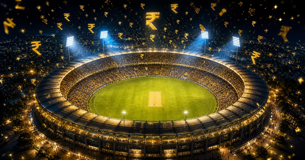 IPL 2026 stadium aerial view showing money flow economy with rupee symbols