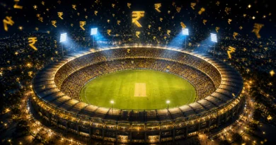 IPL 2026 stadium aerial view showing money flow economy with rupee symbols