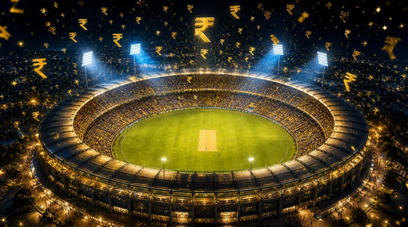 IPL 2026 stadium aerial view showing money flow economy with rupee symbols
