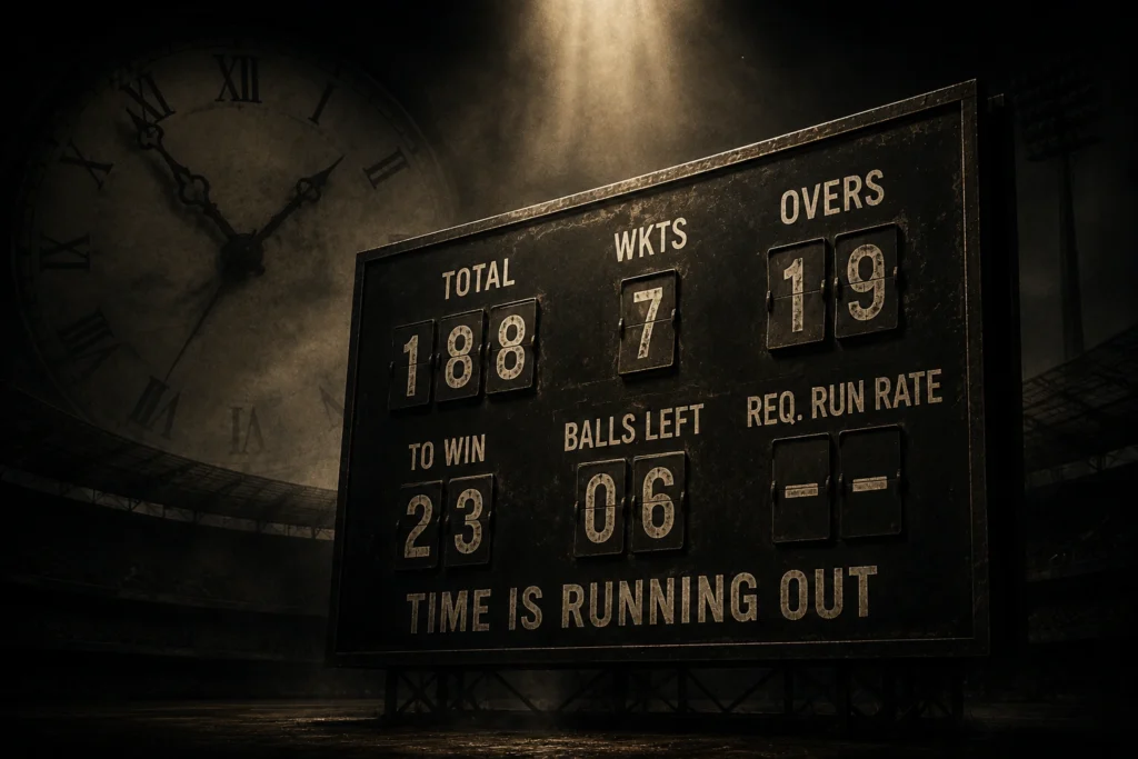 Vintage cricket scoreboard showing playoff pressure and time running out