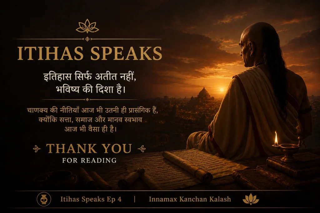 Closing visual of Chanakya overlooking ancient city at sunset with Itihas Speaks message