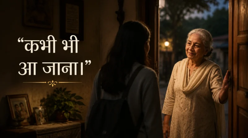 एक बुज़ुर्ग महिला घर के दरवाज़े पर खड़ी होकर एक युवा लड़की को प्यार से विदा करती हुई