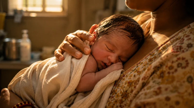 Mother holding newborn baby in skin-to-skin care position for Kangaroo Mother Care awareness