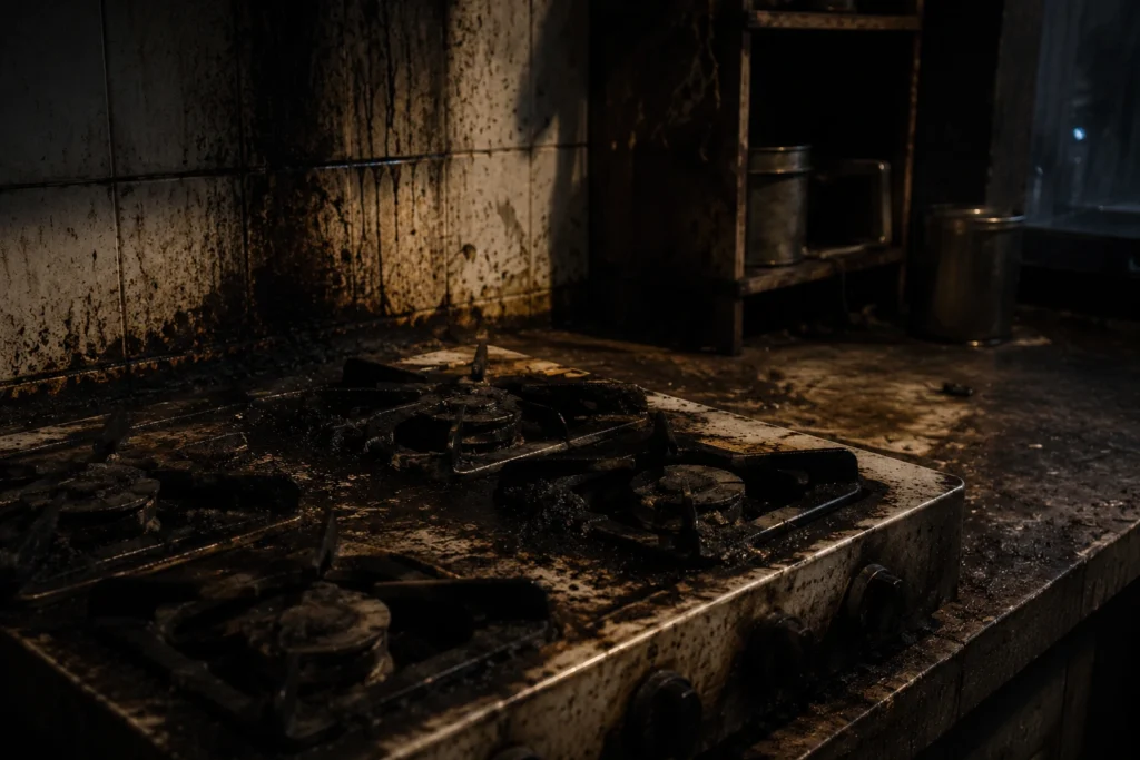 burnt kitchen stove dark horror scene