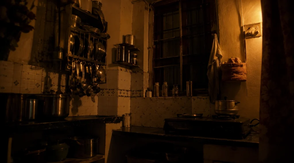 Dimly lit Indian kitchen at night with steel containers and warm light