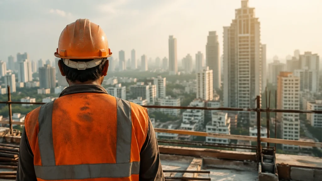 India construction worker city skyline dignity labour